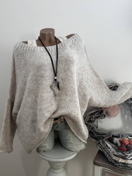 natur beige Oversized Pullover Long Pulli Made in Italy 40-44 Vokuhila