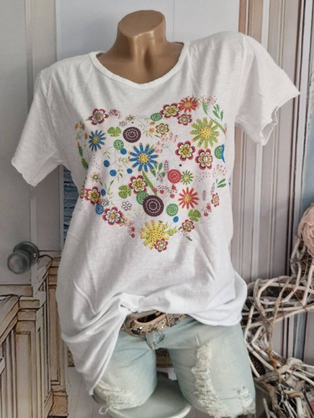 T-Shirt Shirt 36 38 40 42 Italy Nieten NEU weiss Herz aus Blumen