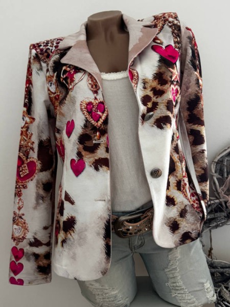 Blazer M 38 MISSY Jackett weiss Animal pinke Herzen Broschen Anhänger Neu Glitzer