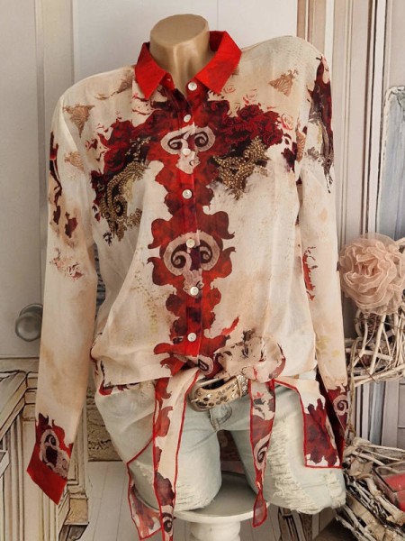 MISSY XL 42 Bluse Tunika Stierkopf beige gold Kirschrot Print Hemdbluse vorne zum binden Glitzer NEU