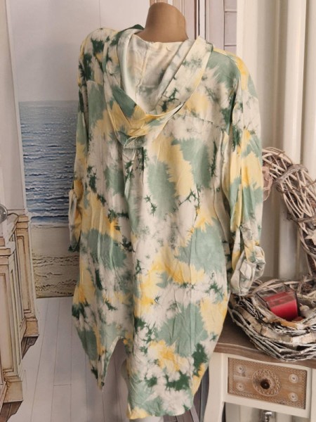 Hoodie Long Tunika Bluse Longbluse 40-44 Kapuze Made in Italy weiss grün gelb gemustert NEU