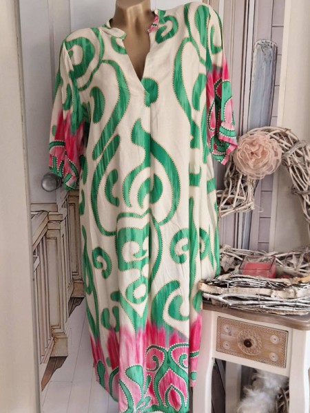 Kleid V-Neck 40-44 Tunika grün pink cremeweiss gemustert NEU Made in Italy