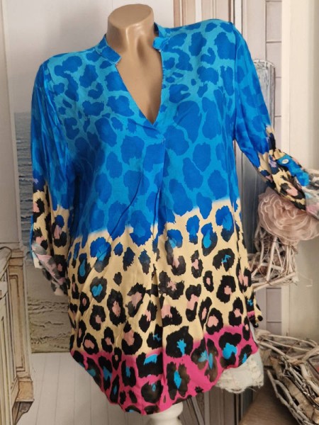 Tunika Bluse 36-40 V-Neck Made in Italy blau bunt Leo Turn up Ärmel NEU