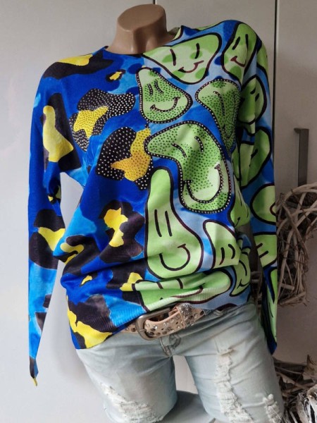 Feinstrickpullover MISSY Pulli Pullover L/XL 40 42 blau grün gelb schwarz Smile Neu Glitzer Steinche
