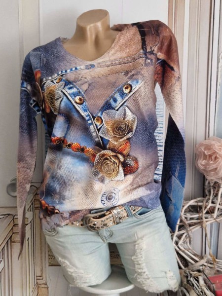 Pullover MISSY M/L 38 40 Pulli Feinstrick V-Neck blau Jeans Print Blumen Glitzer Nieten