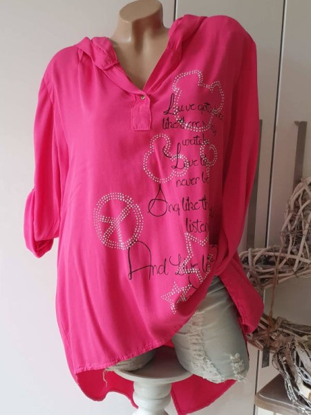 Tunika Bluse Made in Italy pink 40-44 Kapuze vokuhila Glitzernieten