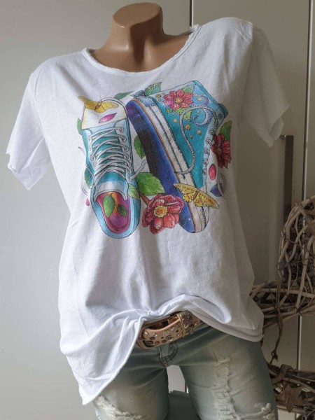 T-Shirt Tunika bunter Sneakers Print Baumwolle weiss Glitzer Nieten ITALY Onesize 36-40/42