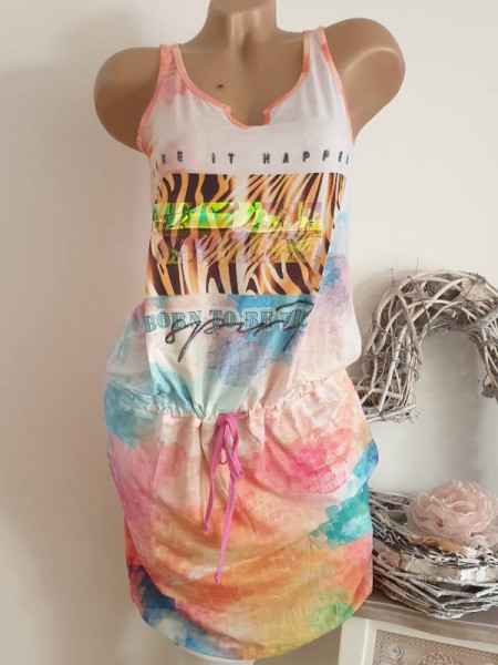 Tunika Kleid Multicolor L 40 bunt tiefe Taille MISSY Tunnelzug Glitzer ärmellos
