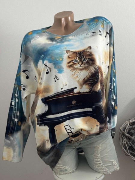 Longsleeve Tunika Glitzer Steinchen 40-44 Katze am Klavier NEU Made in Italy