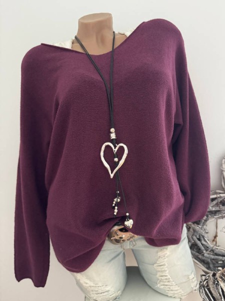 V-Neck Flausch Pullover Pulli dunkellila 40-44 Neu Tunika Made in Italy