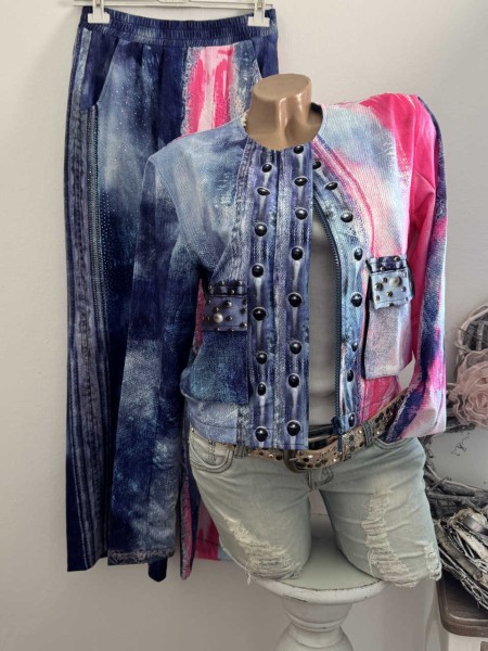 MISSY 2tlg L 40 stretchige Hose + kragenlose Zipper Jacke Neu jeansblau blau pink Farbverlauf