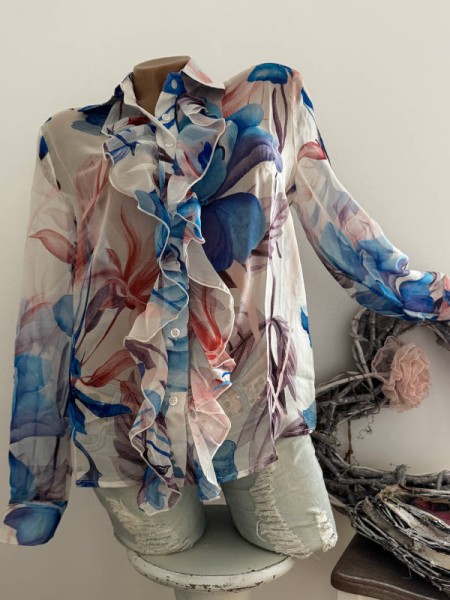 Volantbluse M 38 MISSY Tunika Bluse Glitzer Langarm floral bunt NEU Glitzer