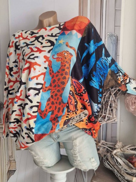 MISSY Letterprint Tiger orange bunt Feinstrick Pullover bunt Pulli Onesize 38-44 Tunika Fledermausär