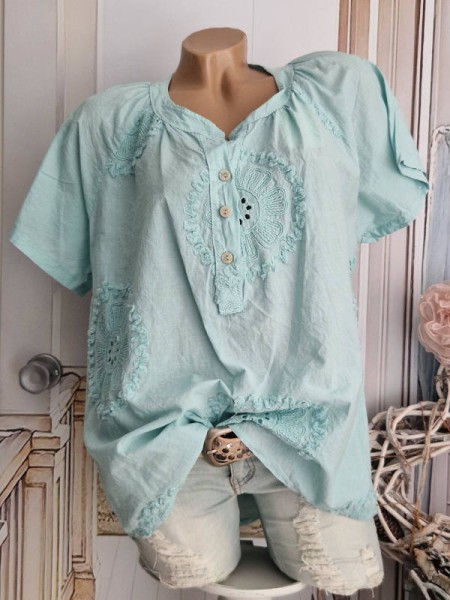 Baumwolle Tunika Bluse mit Lochmuster mint Made in Italy 36-40