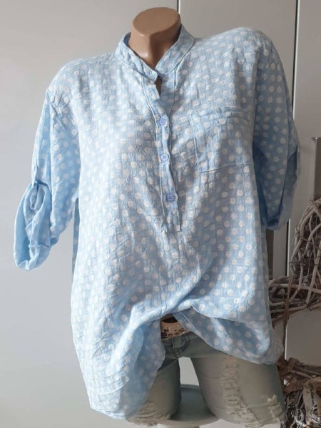 Fischerhemd Leinen Optik weiss hellblau gepunktet Hemdbluse Bluse 40 42 44 Tunika