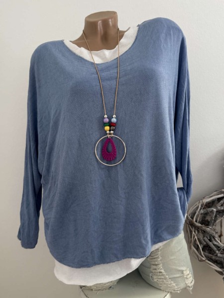 3tlg Tunika mit Top und Kette blau/weiss Langarmshirt Made in Italy NEU 38-42