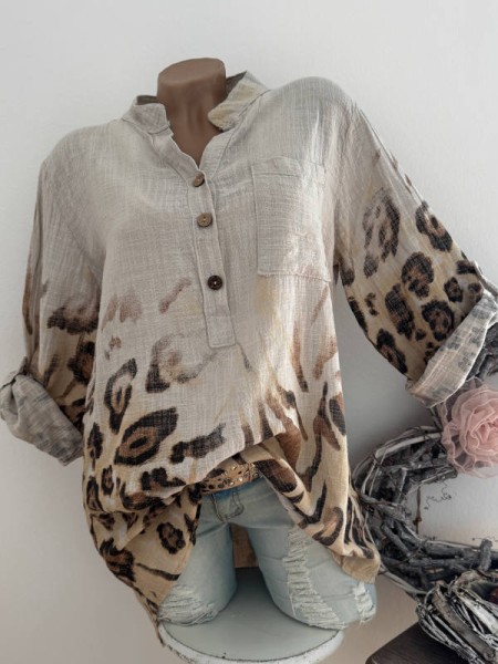 Tunika Bluse beige/braun gemustert Hemdbluse Made in Italy 38-42 Musselin Leinenoptik
