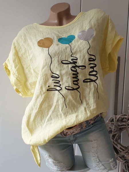gelbe Tunika 38 40 42 NEU Bluse Mode aus Italien Metallicprint seitlich zum binden vorne Leinenmater
