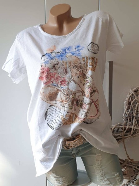 38 40 42 Tunika weiss Rollbündchen Italy T-Shirt Romantik Fashion Print Glitzer Nieten tailliert
