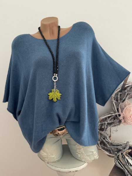 Kurzarm Oversized Pullover jeansblau Feinstrick Tunika 38-44 Pulli Made in Italy NEU