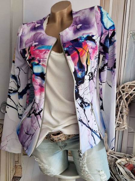 Zipperjacke XL 42 MISSY Jacke lila Abstrakt bunt Print 2-Wege Zipper NEU