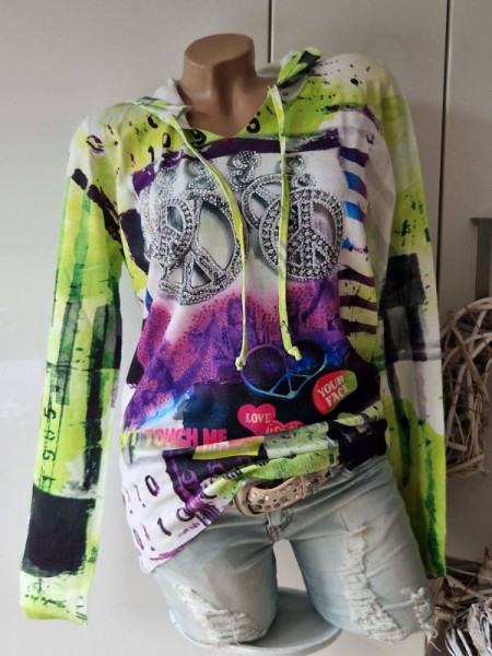M/L 38 40 Kapuzenpulli MISSY Hoodie Feinstrick grün lila Peace bunt Pulli Pullover Glitzer Steinchen