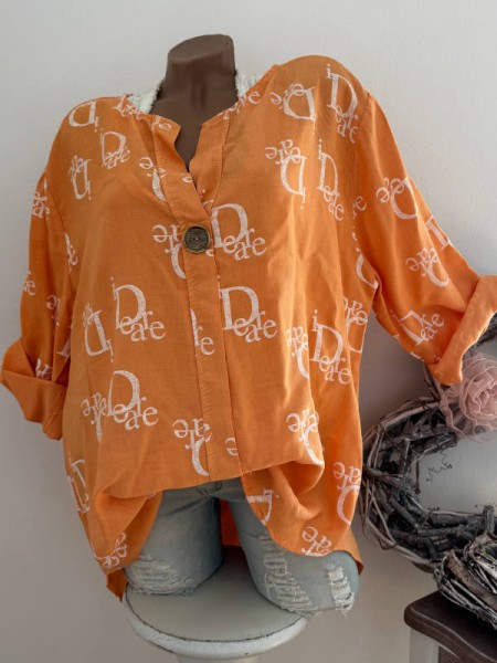 Bluse Tunika Baumwolle grosser Knopf orange weiss gemustert 38-42 Made in Italy NEU
