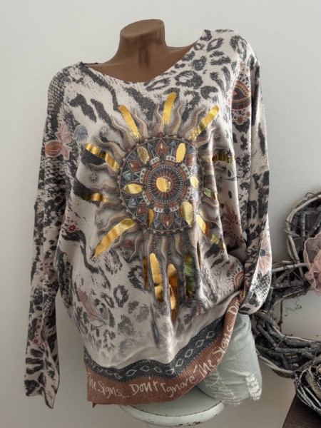 V-Neck Pullover Pulli Seitenschlitze Mandala Sonne Leo gemustert 40-44 Made in Italy