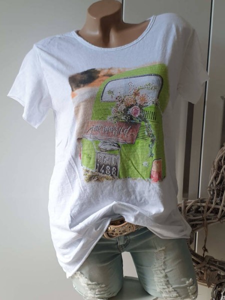Made in Italy 36-40 T-Shirt Tunika Print Baumwolle weiss Glitzer Nieten