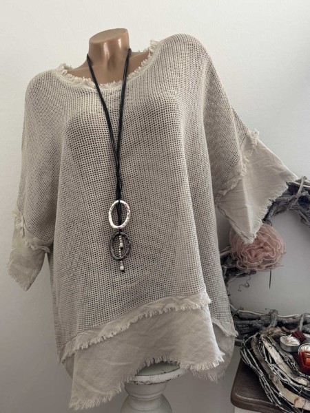 Tunika Shirt Säume gewollt franselig beige Made in Italy 40-44 NEU
