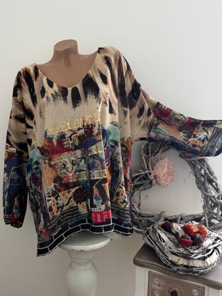 Longsleeve Tunika 38-44 bunt Katzenface gemustert V-Neck Made in Italy NEU