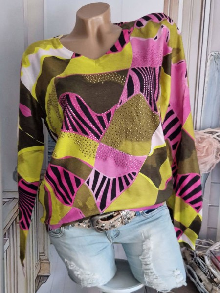 MISSY Feinstrickpulli Pullover S/M 36 38 pink/limone/oliv Print Glitzer Strass Nieten
