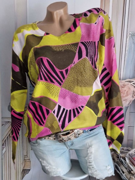 L/XL 40 42 Pullover pink/limone/oliv Print MISSY Feinstrick Pulli Glitzer Strass Nieten