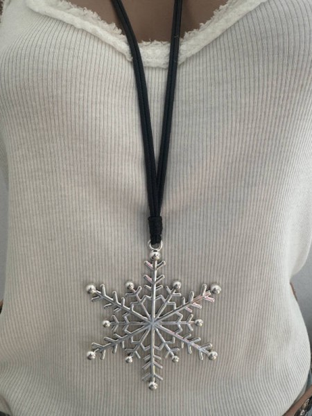 lange Halskette Kette SCHNEEFLOCKE Anhänger silber/schwarz Schmuck Kette