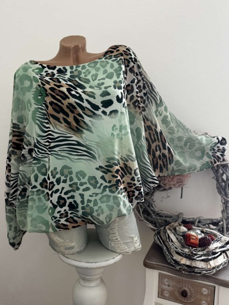 Made in Italy Tunika Fledermausarm Ballonform 36-42 Bluse grün gemustert Chiffonbluse