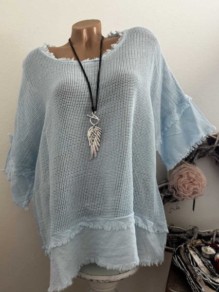 Tunika Shirt Säume gewollt franselig hellblau Made in Italy 40-44 NEU