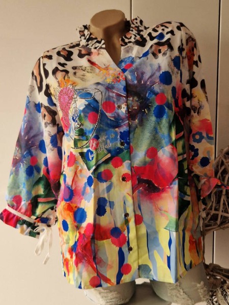 M 38 MISSY Bluse Tunika bunt Glitzer Steinchen Kragenlos ausgefallen NEu