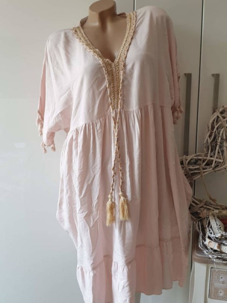 Hängerchen Boho Empirekleid Kleid Made in Italy Troddeln Onesize 40-46 altrosa Tunika Viskose