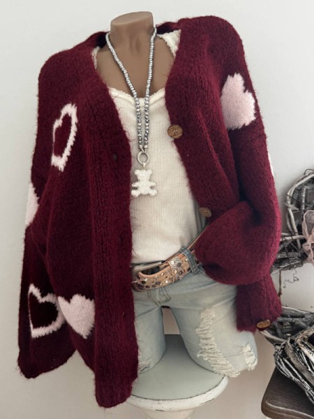 Cardigan Strickjacke mit Mohair 38-44 Ärmel überschnitten bordeaux rosa Herzen Made in Italy