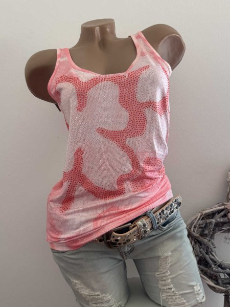 MISSY Trägertop Top XL 42 Longtop Lachs rosa weiss Floral Glitzer Nieten Neu