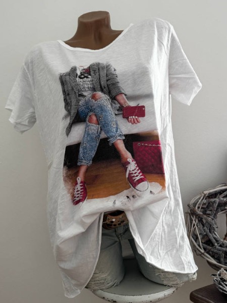 T-Shirt Shirt Print Frau Woman stylisch 36 38 40 42 Italy Nieten NEU weiss