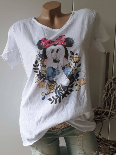 Baumwolle Tunika T-Shirt ITALY Onesize Mouse Print weiss Glitzer Nieten 36-40/42