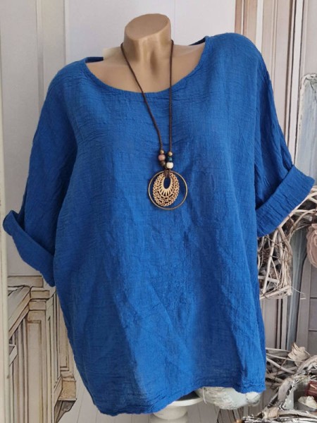 2tlg Tunika mit Kette blau Musselin Neu 40-44 Leinenoptik Bluse Made in Italy