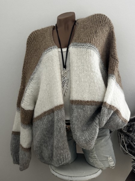 Cardigan Strickjacke Oversized Made in Italy 40-44 Ärmel überschnitten beige grau weiss