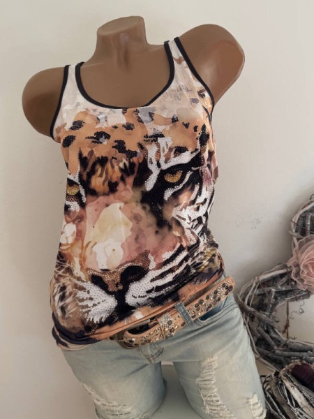 MISSY M 38 Top Longtop Trägertop Tigerface Glitzer Nieten Neu