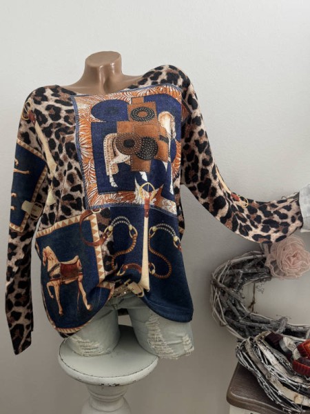 Longsleeve Feinstrick Tunika Pulli Pferde Leder Schnallen Leo Motiv 40-44 Made in Italy