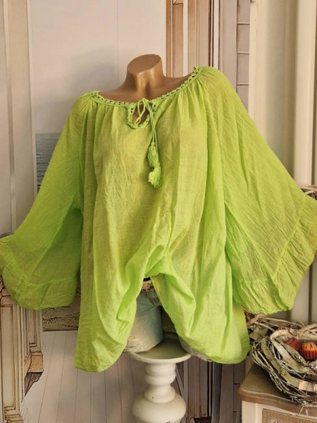 Baumwolle Tunika Bluse weite Ärmel neon grün 38-48 Made in Italy