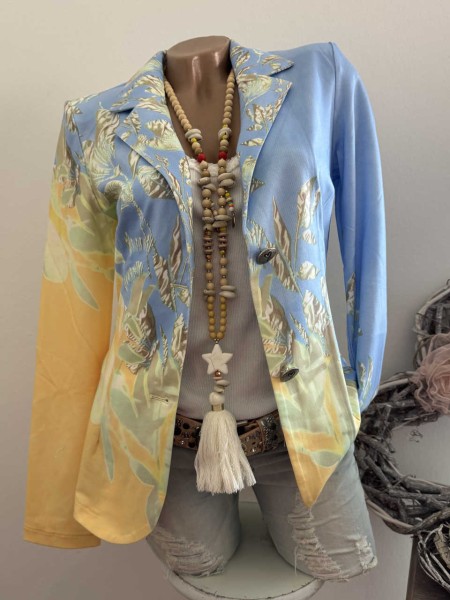 MISSY Jackett L 40 Blazer florales Muster hellblau/gelb Glitzernieten Neu