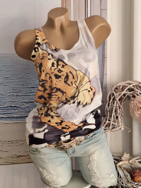 L 40 Longtop MISSY Top NEU Trägertop Shirt Tiger Print Glitzer Nieten