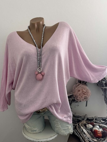 rosa Tunika Glattstrick Pullover Oversized Italy 38-42 Fledermausarm 1/2 Arm